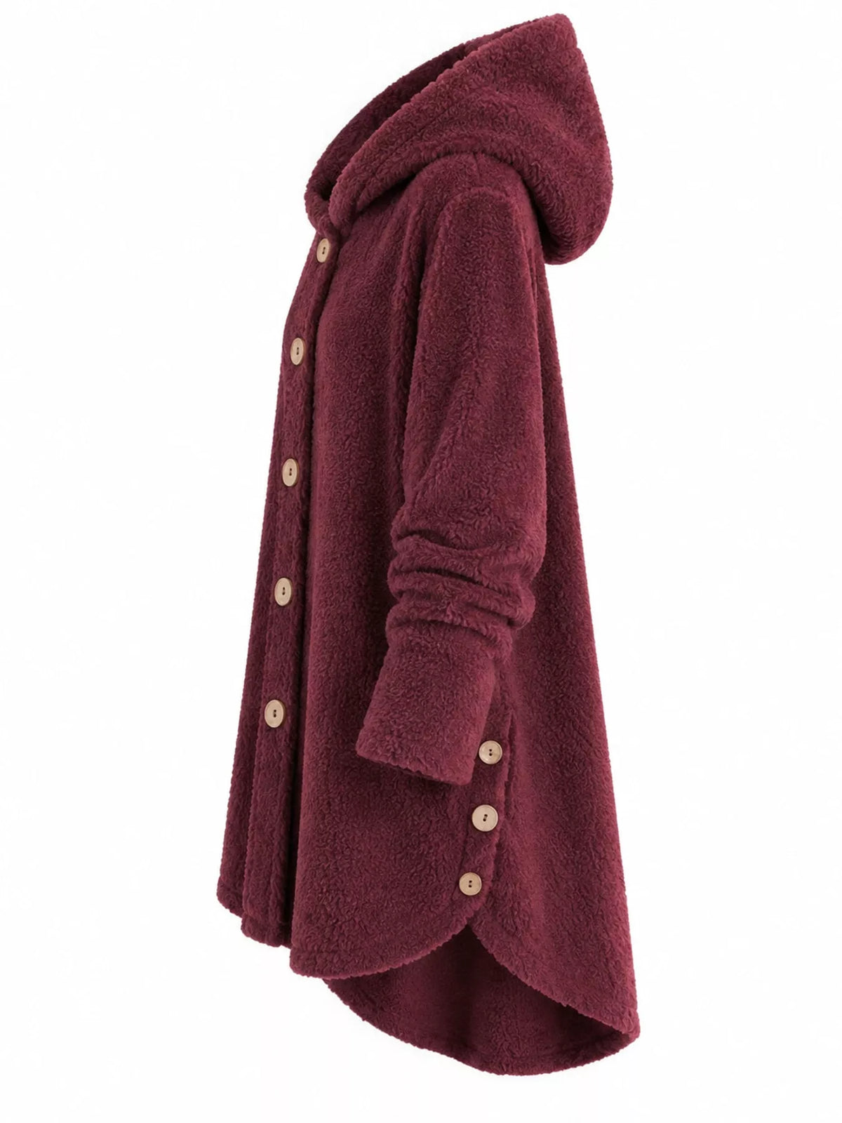 Burgundy fleece button-up hooded jacket with curved high-low hem, side view