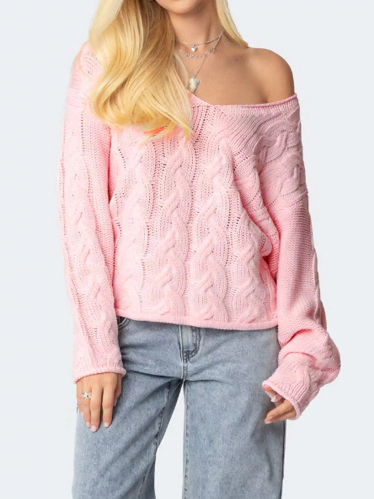 V-neck long sleeve sweater, front view on model