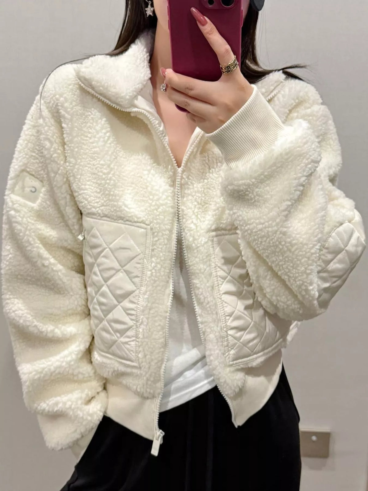 White sherpa quilted zip up jacket