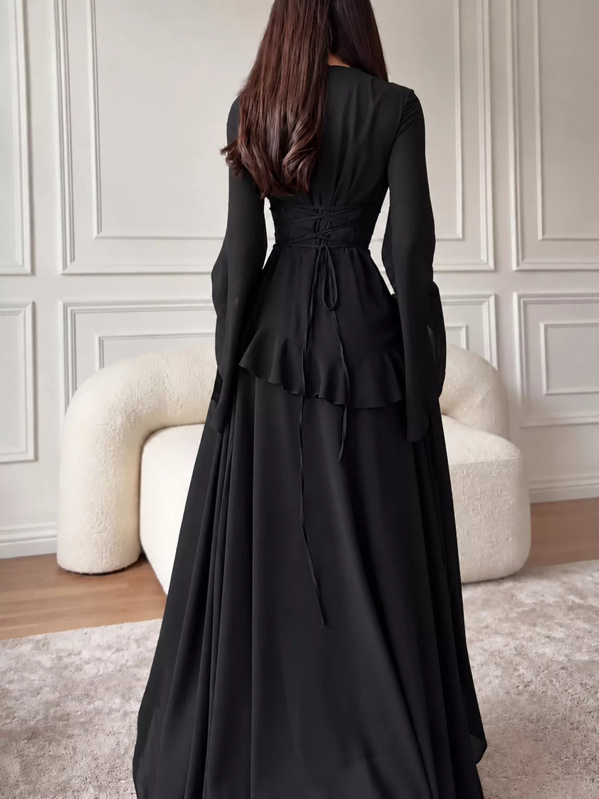 Black ruffled flare sleeve maxi dress, back view