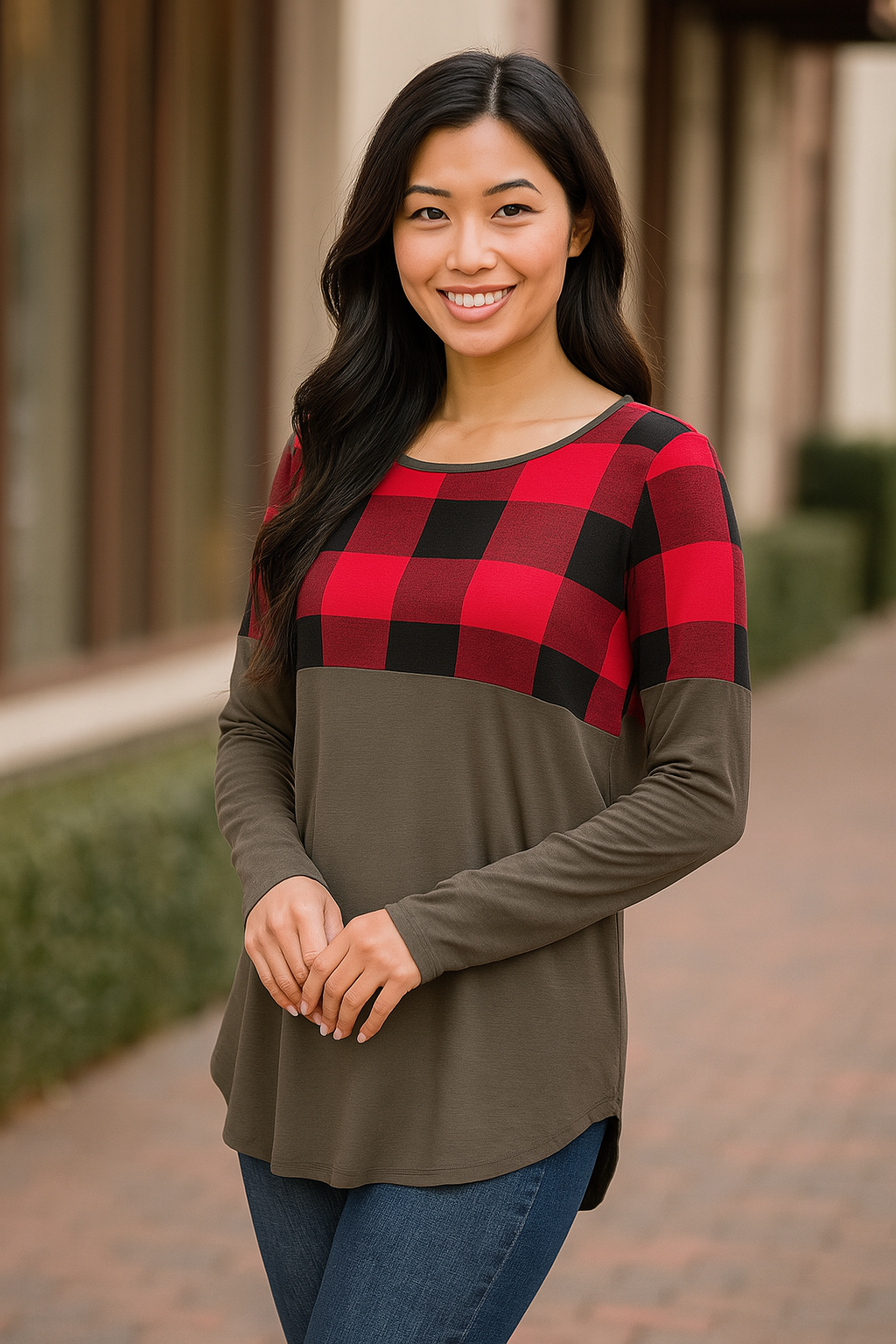 Zenana Plaid Colorblock Long Sleeve Shirt - Tunics sb_tops