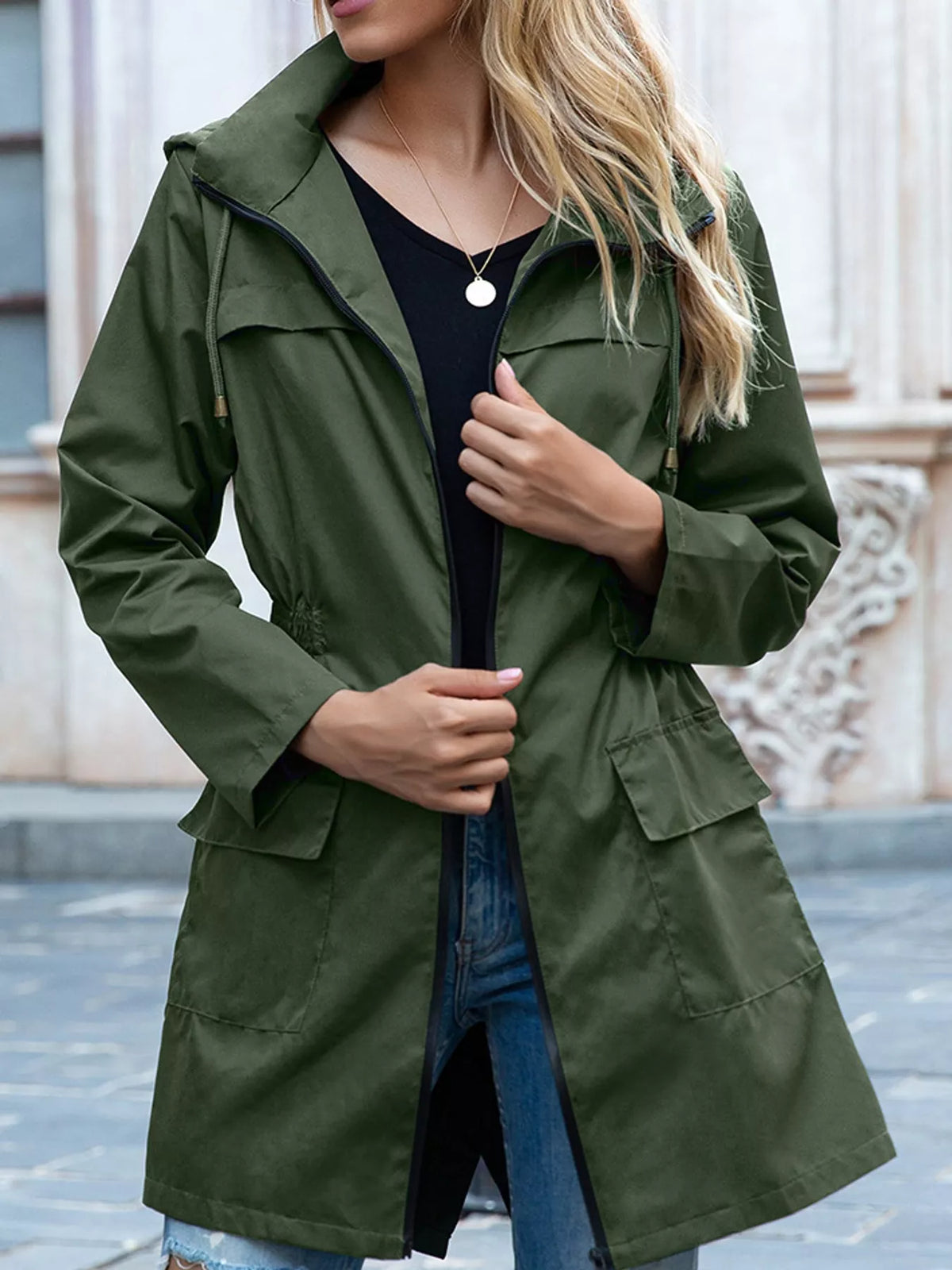 Women's Zip Up Drawstring Waist Hooded Jacket in olive — front view