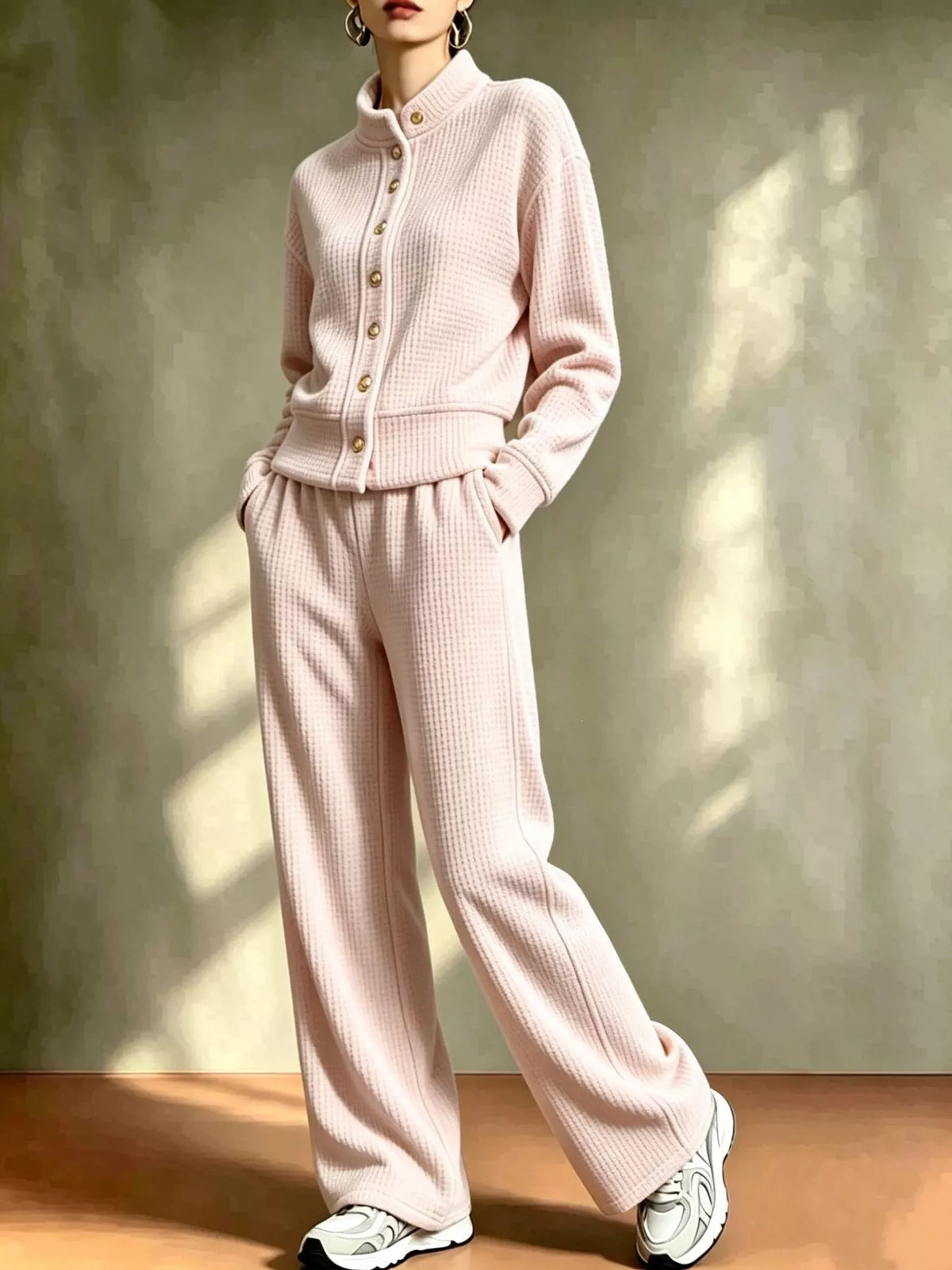 Pink waffle knit button-up outerwear and wide-leg pants set