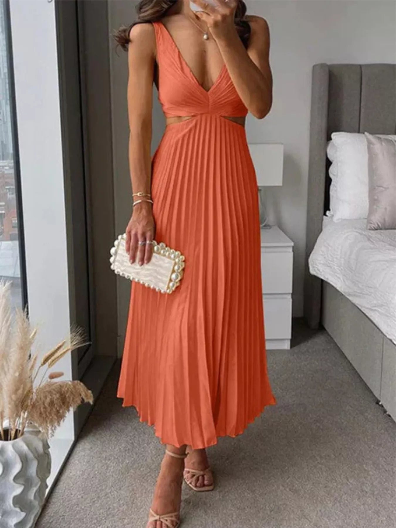 Trendsi Elegant Pleated Midi Dress with Cut-out Details -