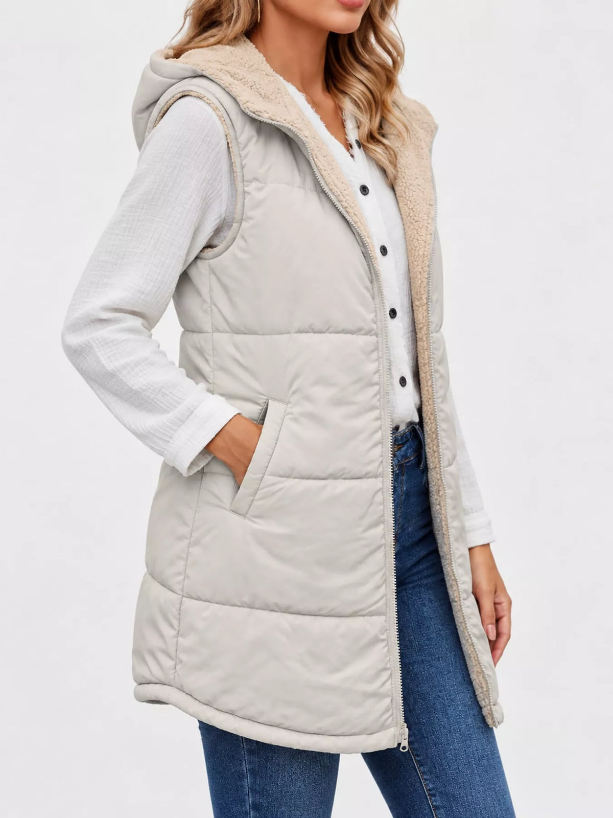 Ivory hooded sherpa-lined puffer vest