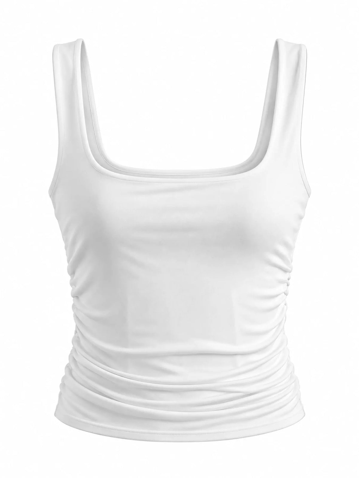 White square neck ruched slim fit tank top, front view