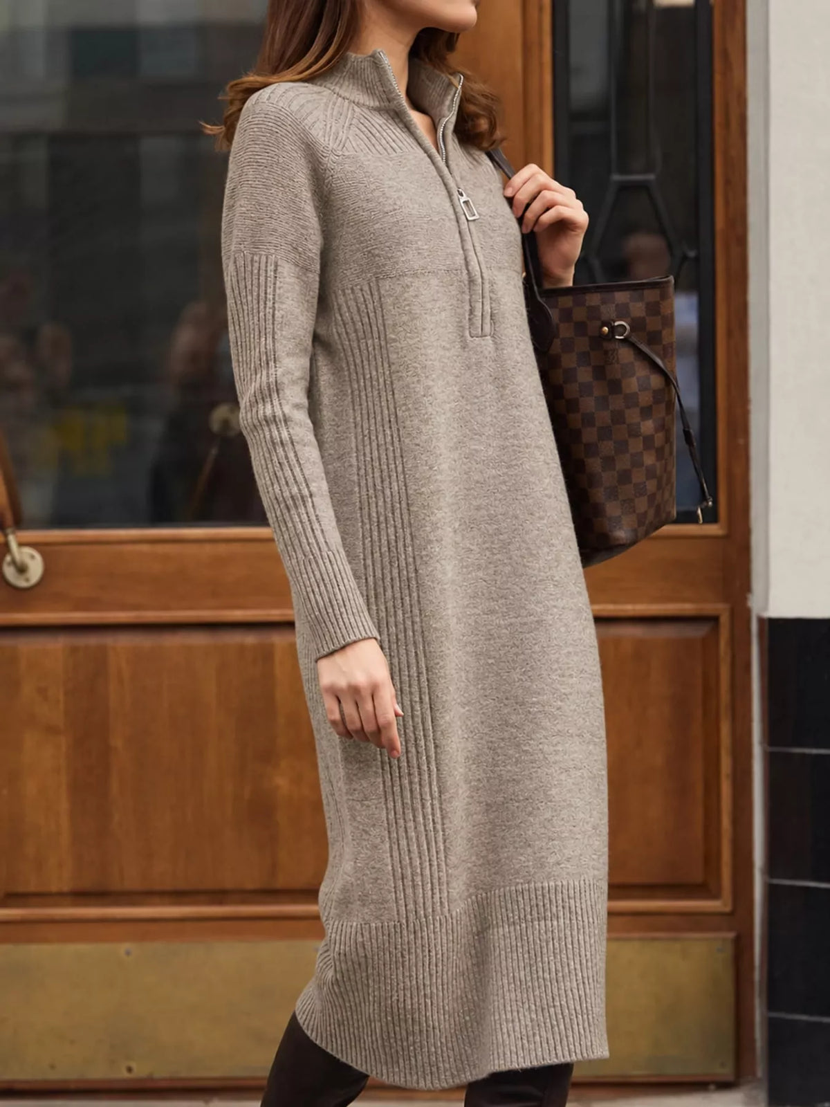 Taupe half-zip ribbed knit sweater dress — front view