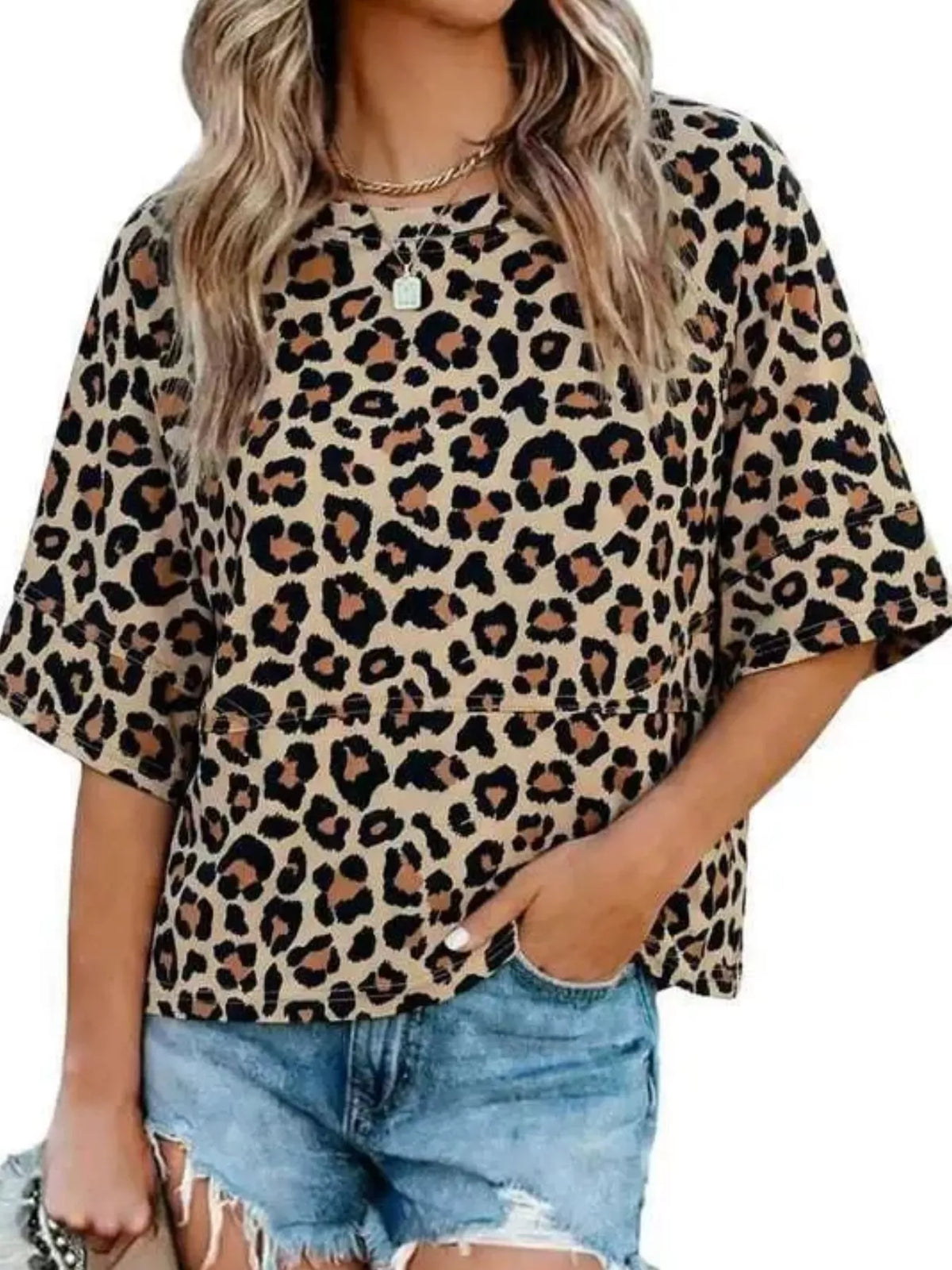 Printed Relaxed Fit T-Shirt in brown leopard print, front view