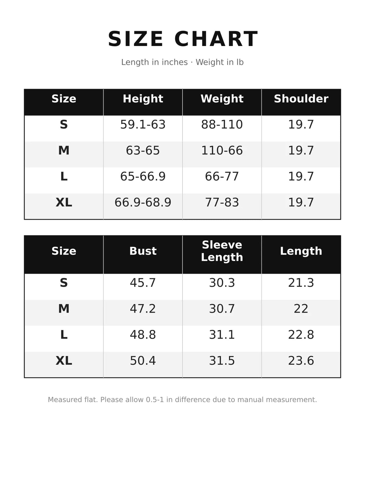 Size chart for women's zip up raglan sleeve hoodie
