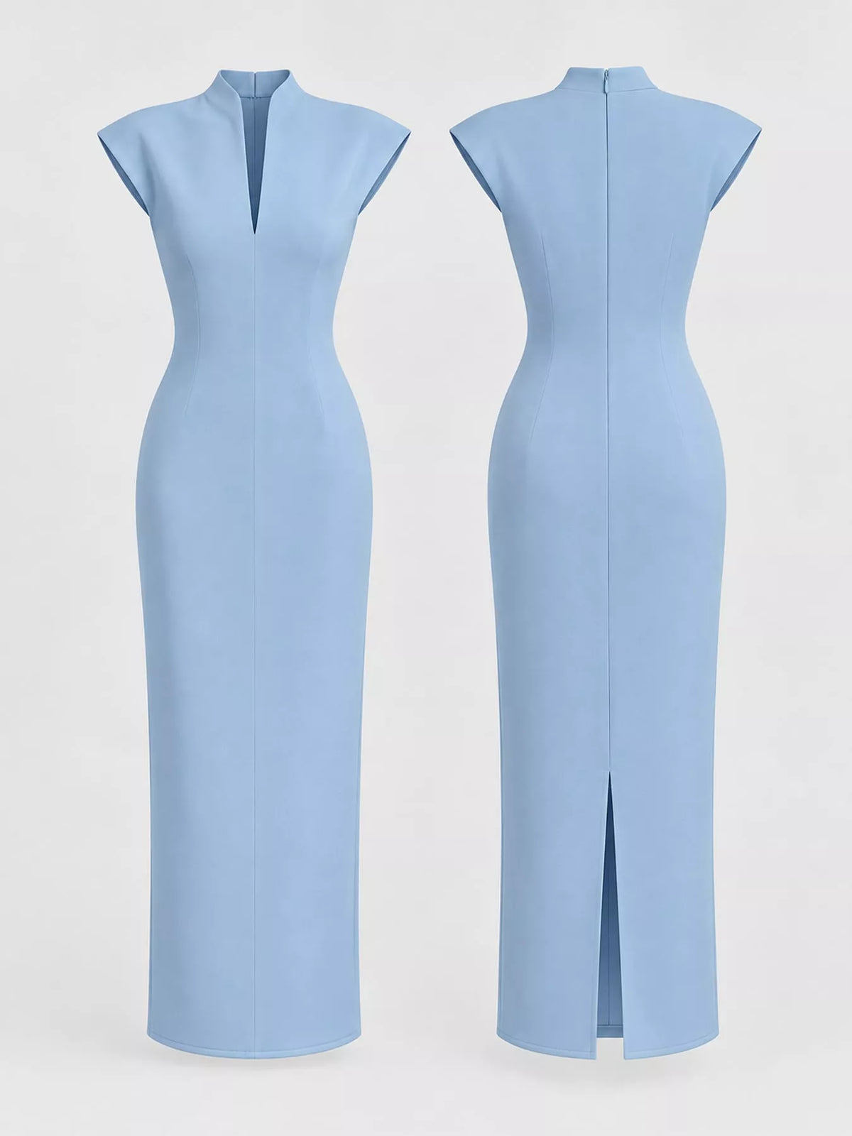 Women's Slit Sleeveless Bodycon Midi Dress in light blue — front and back view