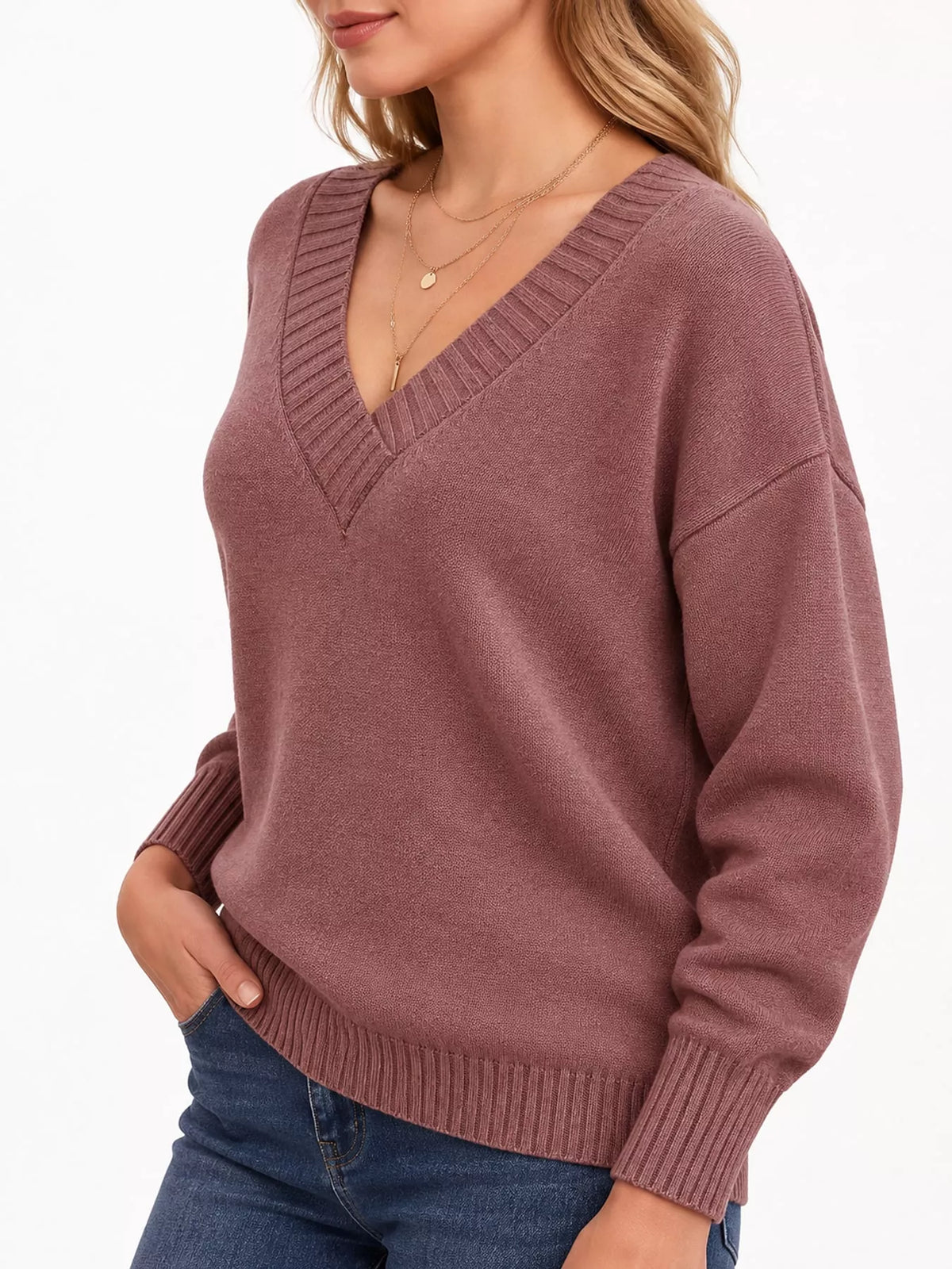 V-neck sweater, mauve side