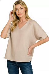 Trendsi Zenana Linen V-Neck Cuffed Sleeve Top -