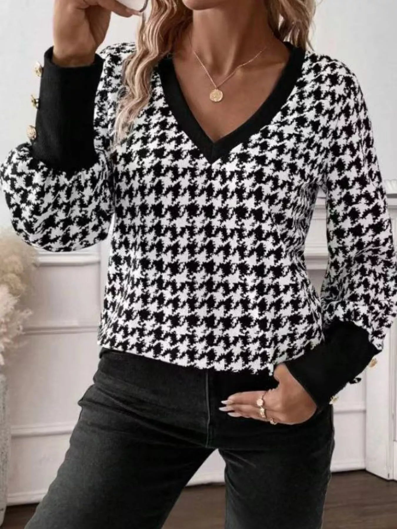 Trendsi Printed V-Neck Long Sleeve T-Shirt with Button Cuffs -
