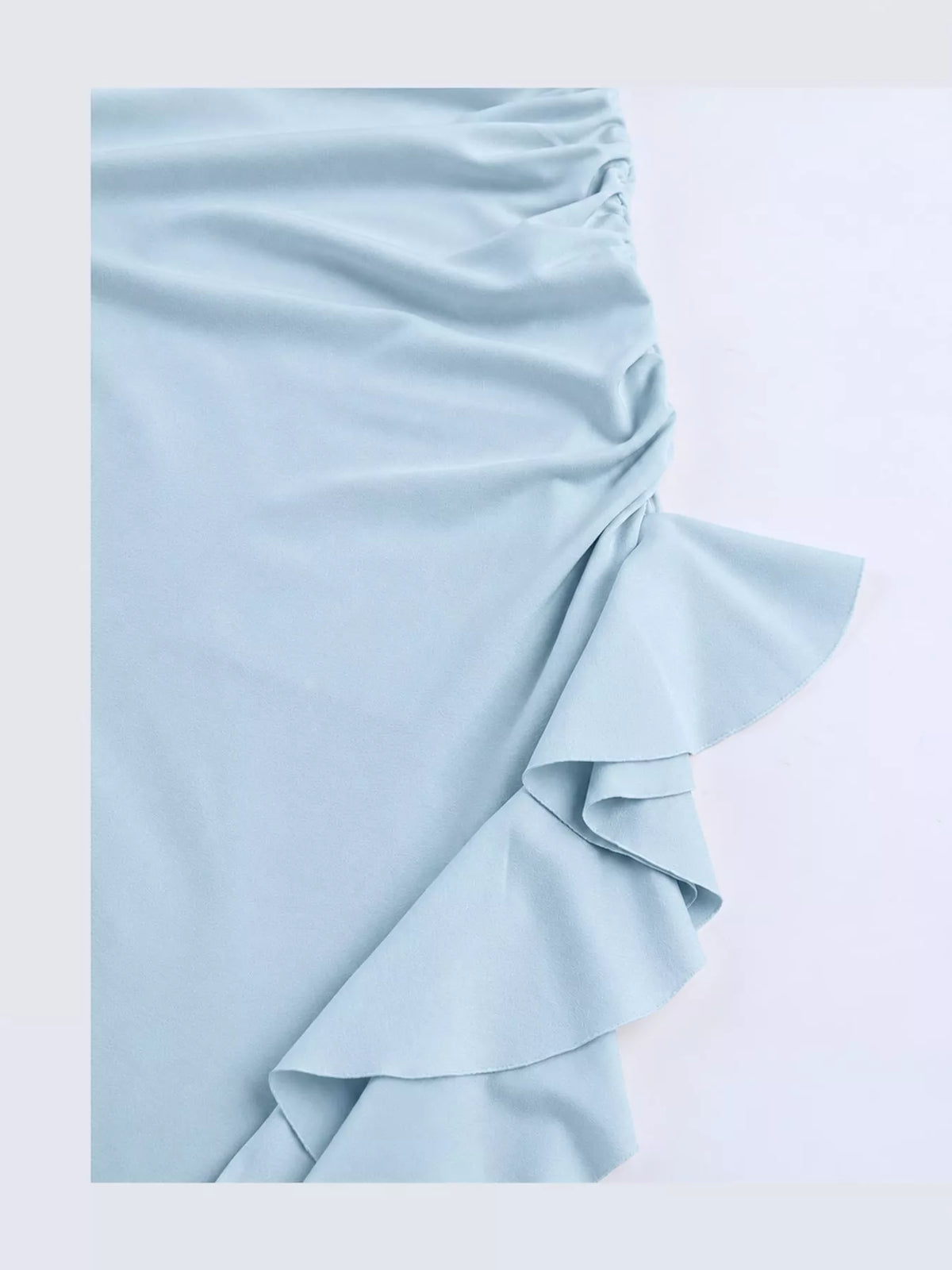 Light blue one shoulder ruched ruffle hem maxi dress, detail view