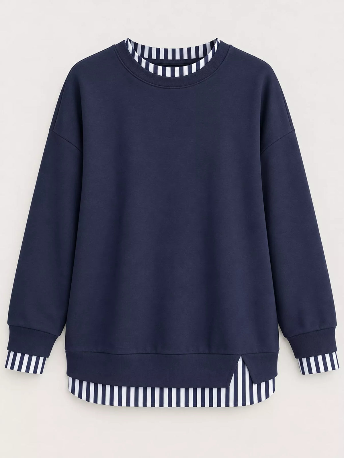 Layered Look Crew Neck Sweatshirt in navy with striped trim, front view