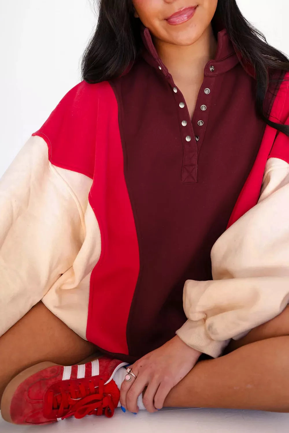 Trendsi Color-Block Snap-Button Oversized Sweatshirt -