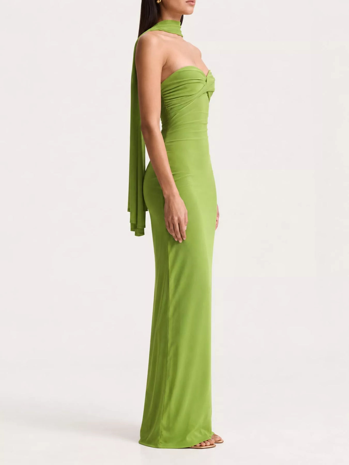 Green strapless ruched bodycon maxi dress with scarf, side view