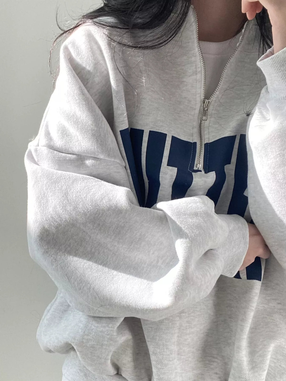 Women's Half-Zip Letter Graphic Sweatshirt in gray — front view