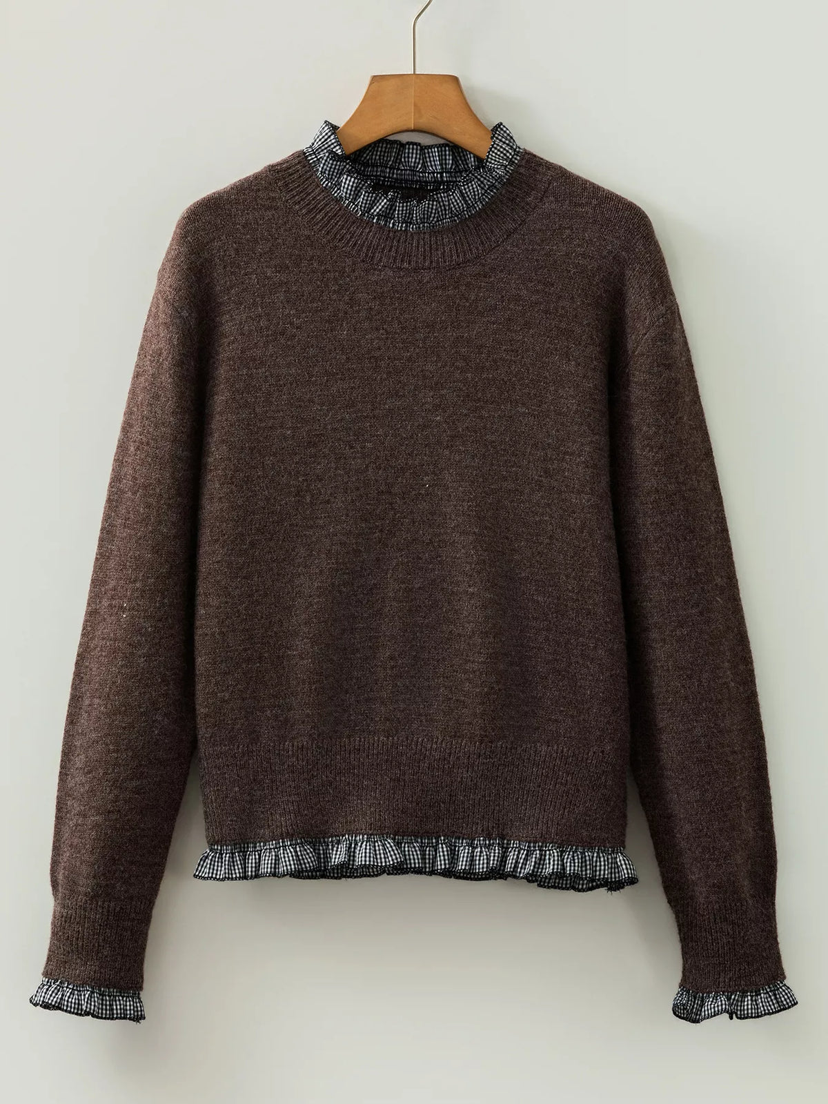Contrast Plaid Ruffle Trim Pullover Sweater — garment front