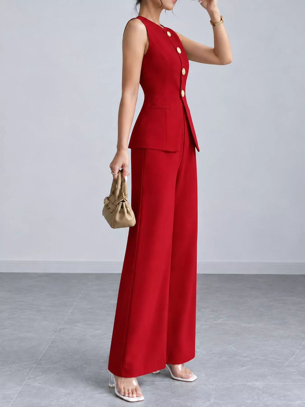 Button-Down Vest and Wide-Leg Pants Set in red