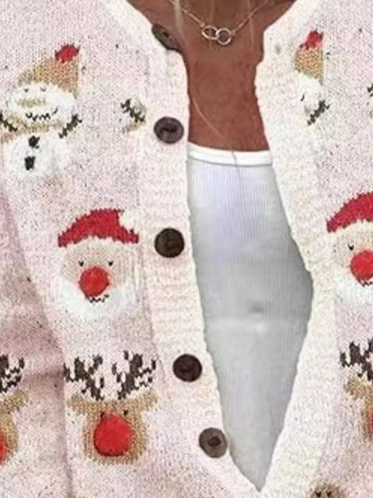 Christmas pattern button-down cardigan in pink, Santa and reindeer motif detail