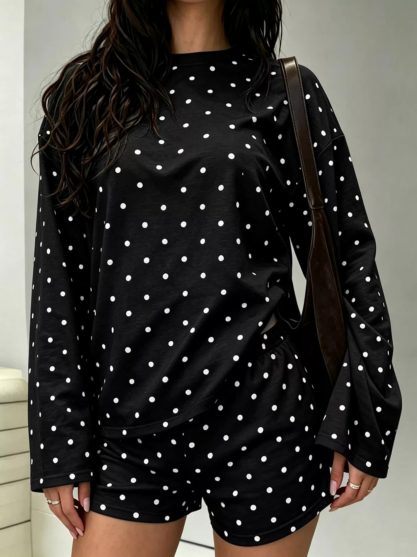 Trendsi Polka Dot Long Sleeve Top and Shorts Set -