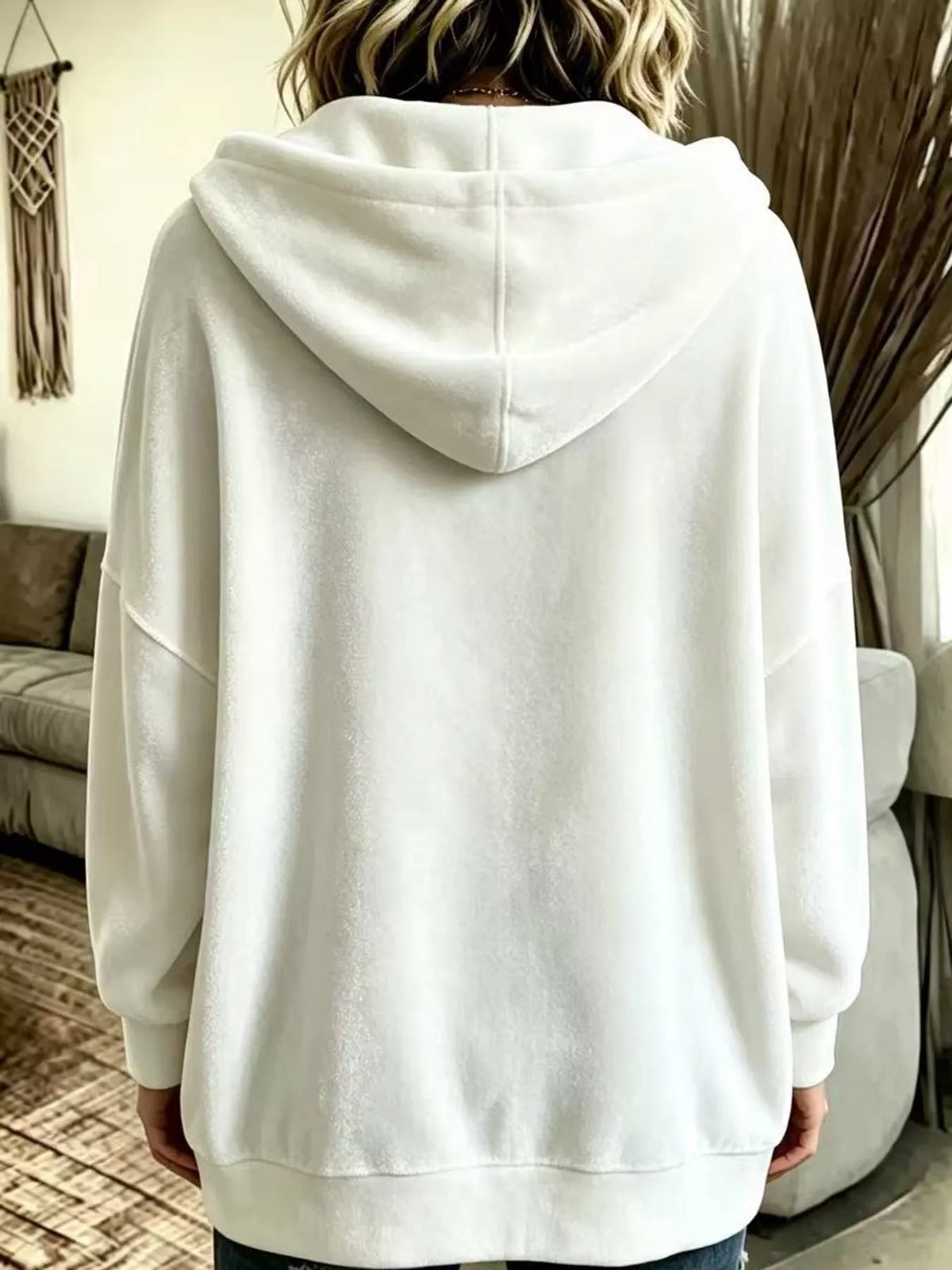 White velvet dropped shoulder hoodie, back view