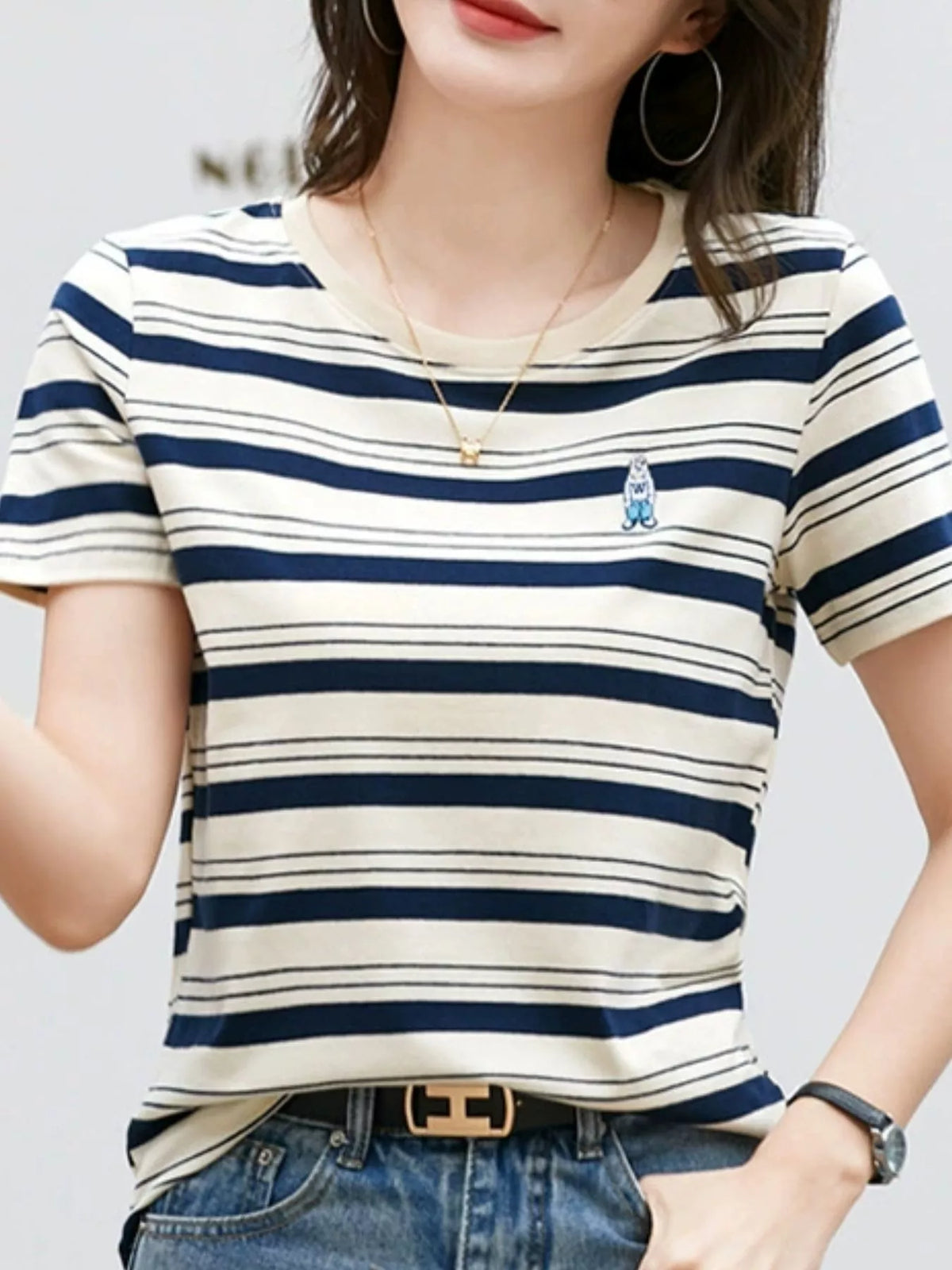 Blue - Striped striped crew neck embroidered t-shirt