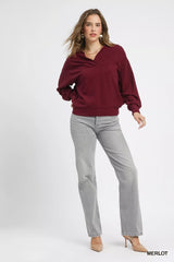 Trendsi Umgee Linen Long Sleeves Elastic Hem Blouse -