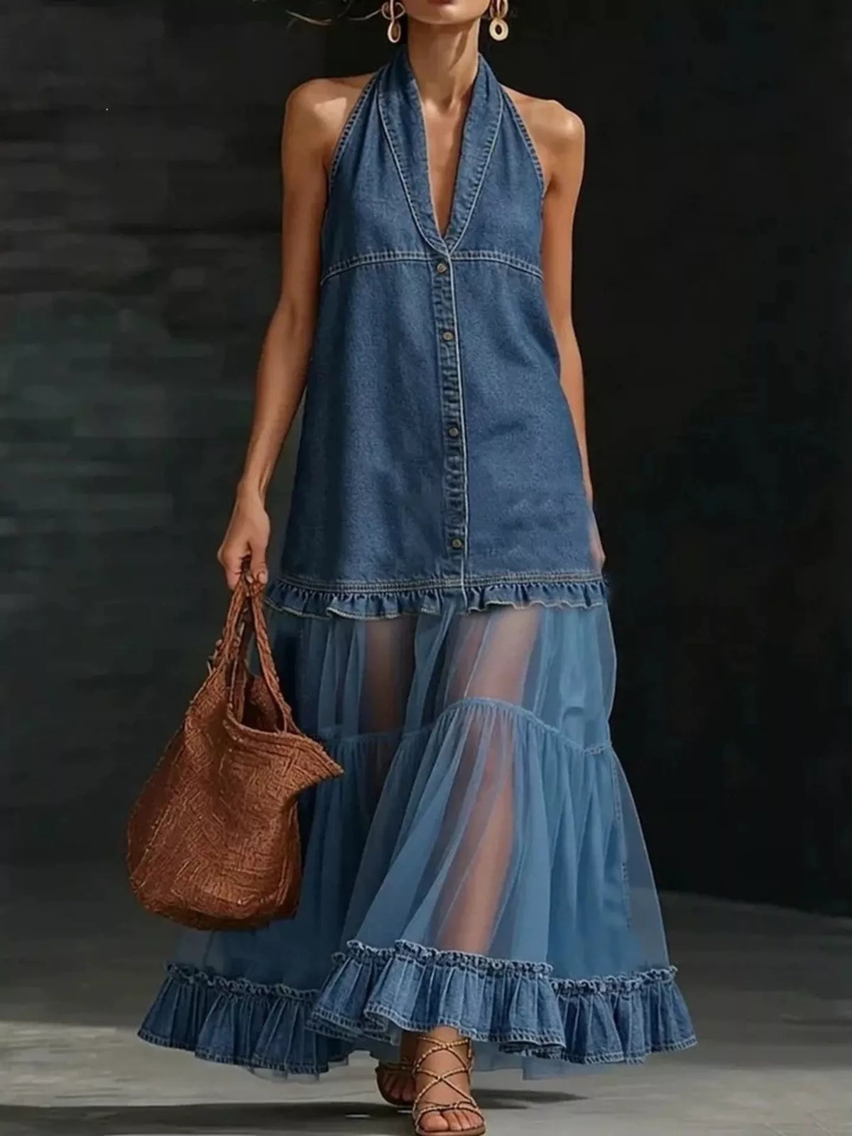 Navy Denim-Look Mesh Ruffle-Hem Maxi Dress front view