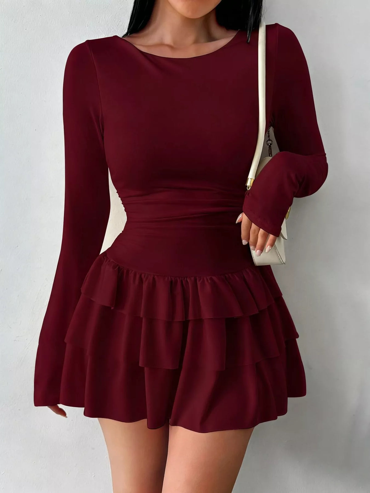 Burgundy layered ruffle mini dress