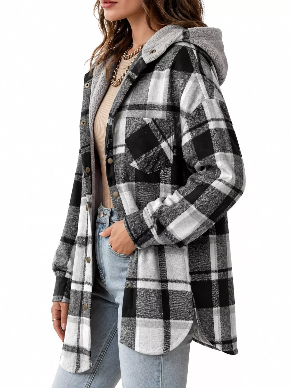Black plaid hooded button up jacket