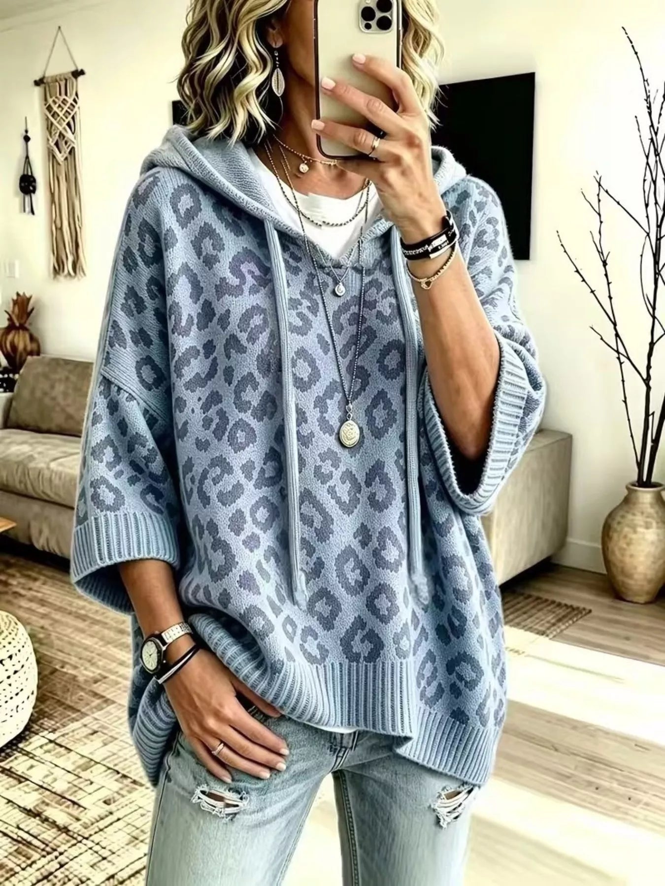 Trendsi Drawstring Leopard Hooded Sweater -
