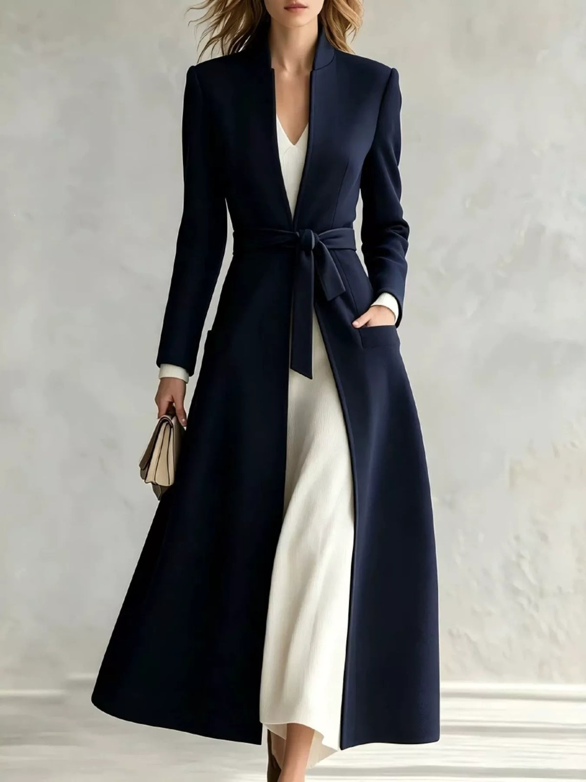 Navy tie waist long sleeve coat — front view