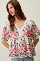 Trendsi SO ME Floral Embroidered V Neck Boho Blouse Top - Clothing Tops