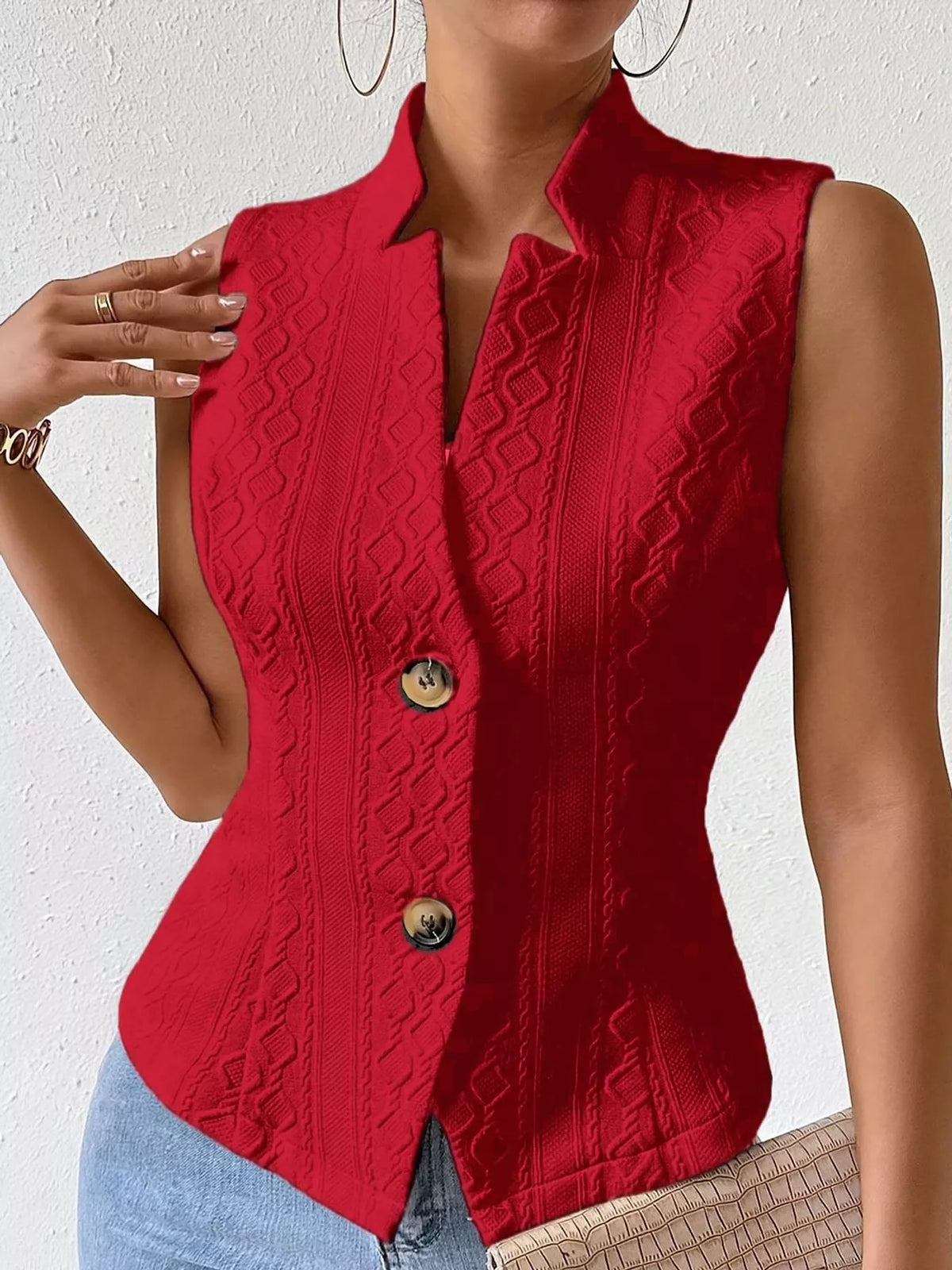 Textured Button-Down Vest in red, front view