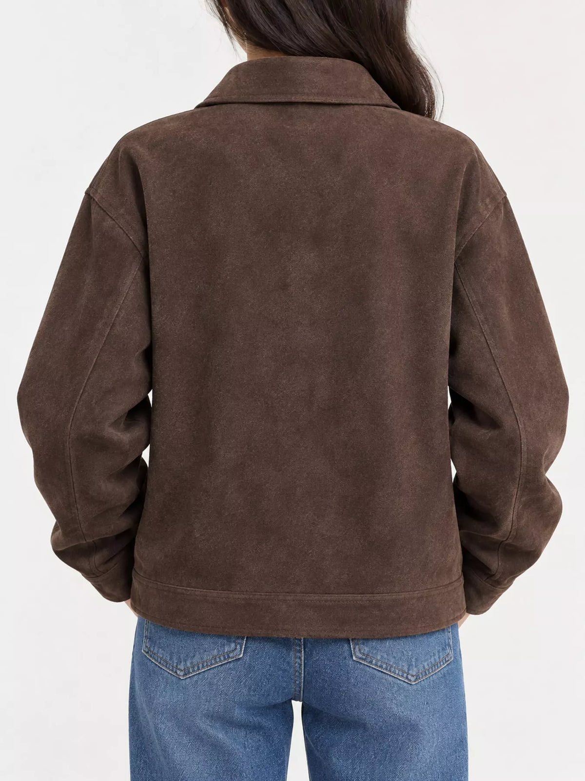Brown-Turn-Down Collar Single-Breasted Suede Jacket vintage style suede button-down jacket, back view