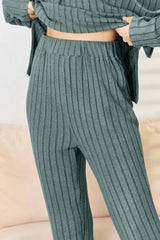 Trendsi Basic Bae Full Size Ribbed Drawstring Hooded Top and Straight Pants Set -