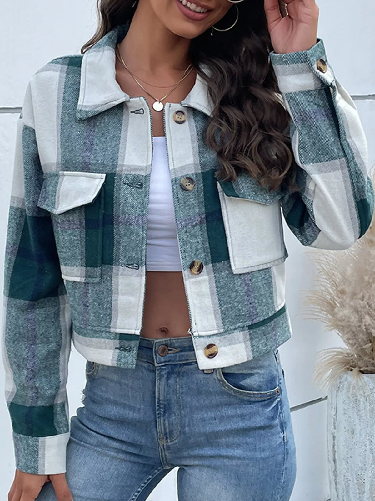 Green plaid button-up cropped jacket