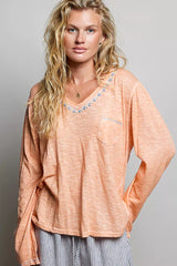 Trendsi POL Contrast Stitch V-Neck Lightweight Knit Long Sleeve Top -