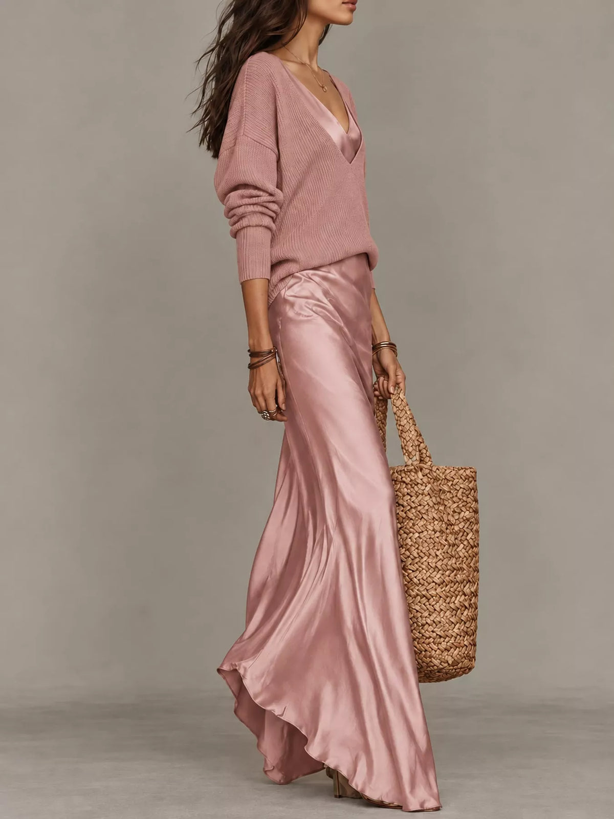 Satin Maxi Dress Two-Piece Set — side view