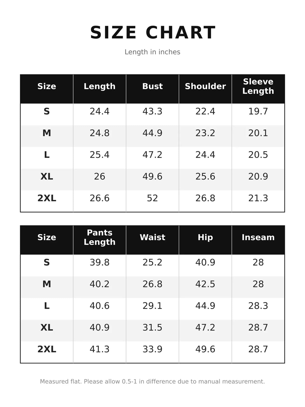 Size chart for oversized sweatshirt and wide-leg pants set