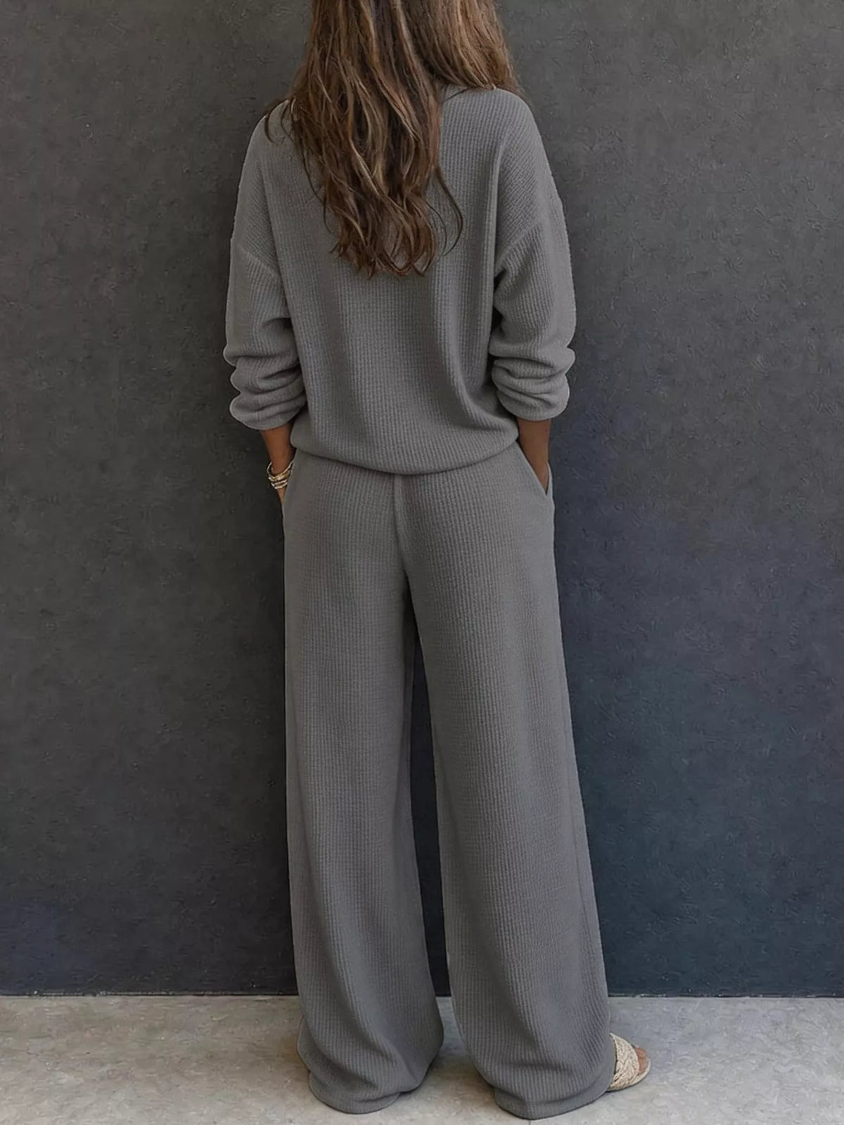 Gray waffle knit button detail top and pants set, back view