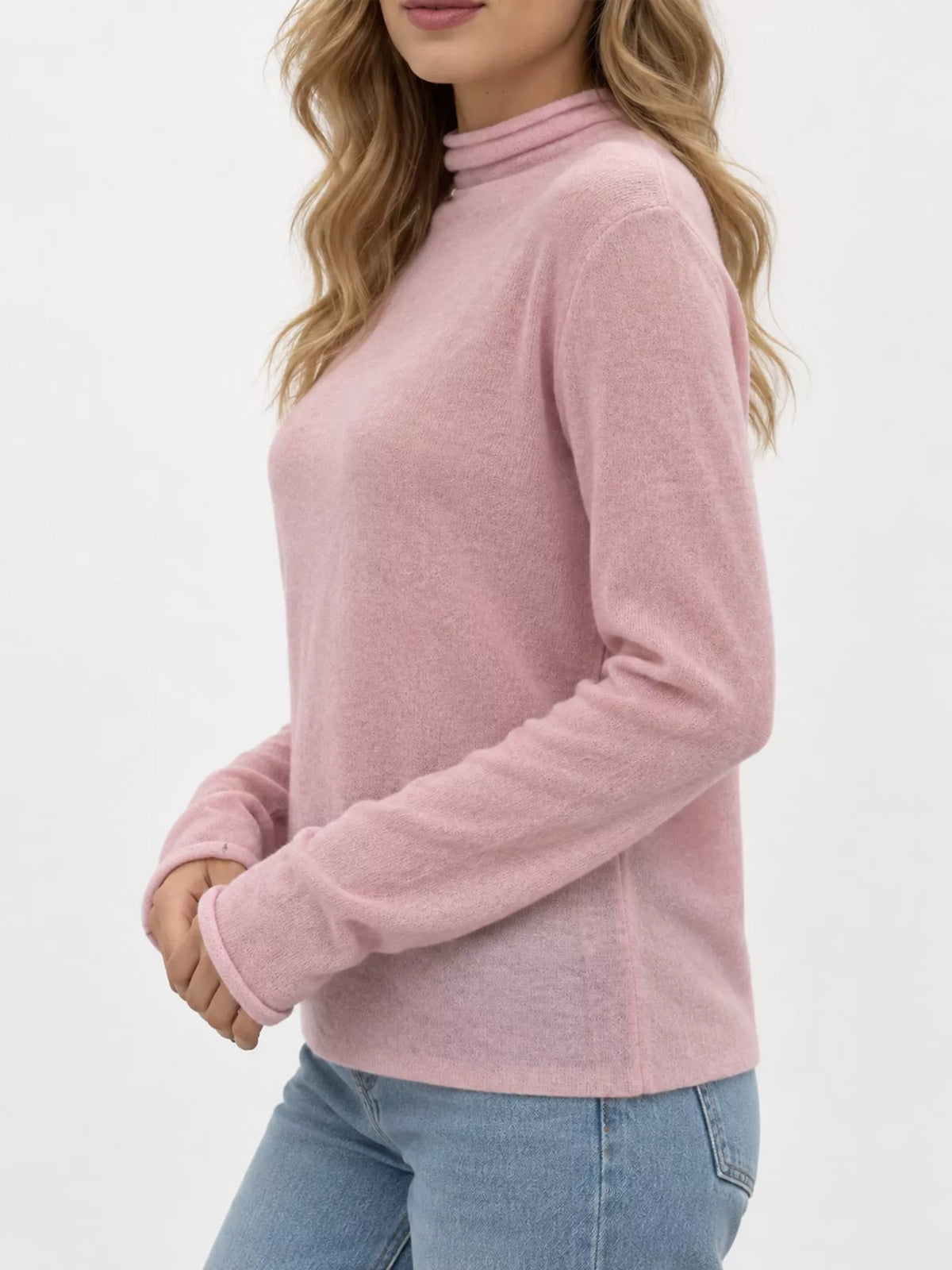 Women's Sheer Turtleneck Knit Top in pink — side view