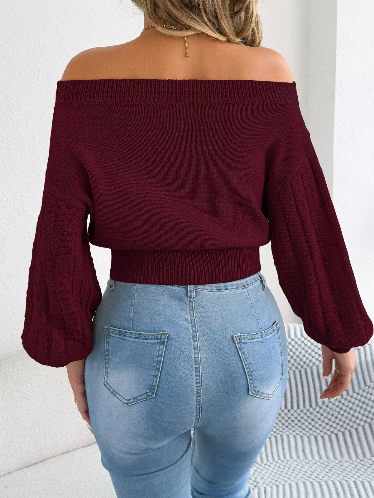 Burgundy off-shoulder openwork cropped sweater, back view