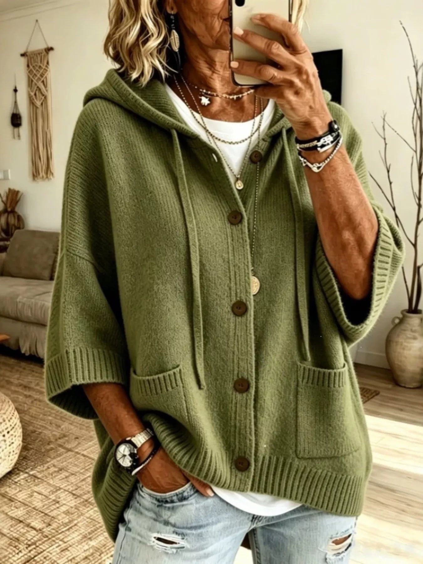 Trendsi Hooded Button-Down Knit Cardigan -