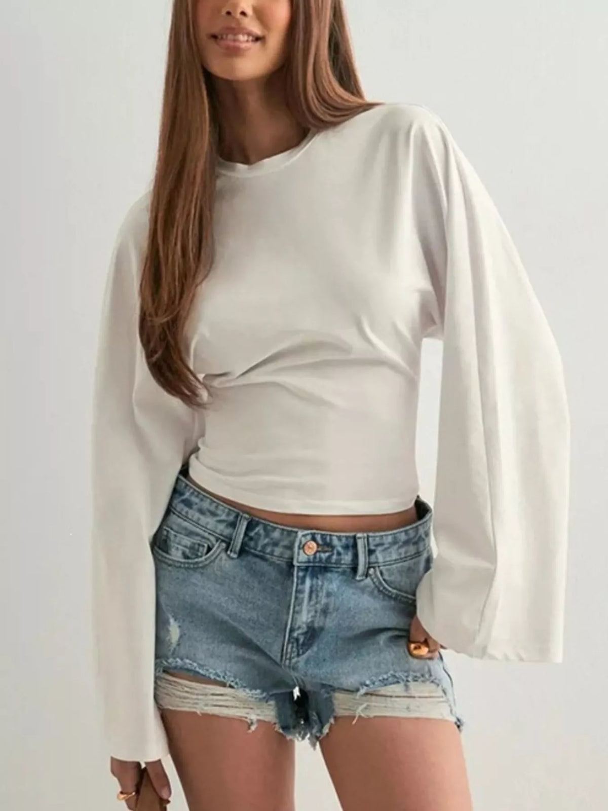 White Solid Long Sleeve Crew Neck Stretch T-Shirt front view