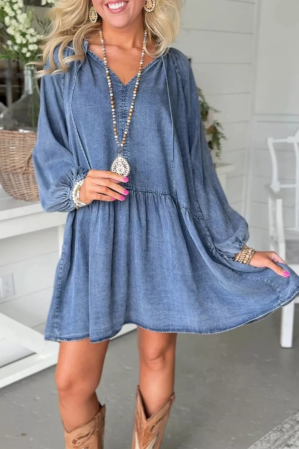 Trendsi Puff Sleeve V Neck Ruffled Loose Denim Mini Dress -