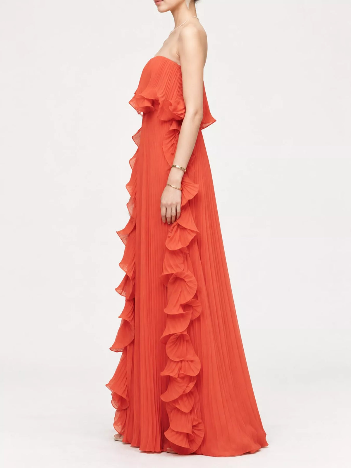 Ruffled Strapless Pleated Maxi Dress — side view
