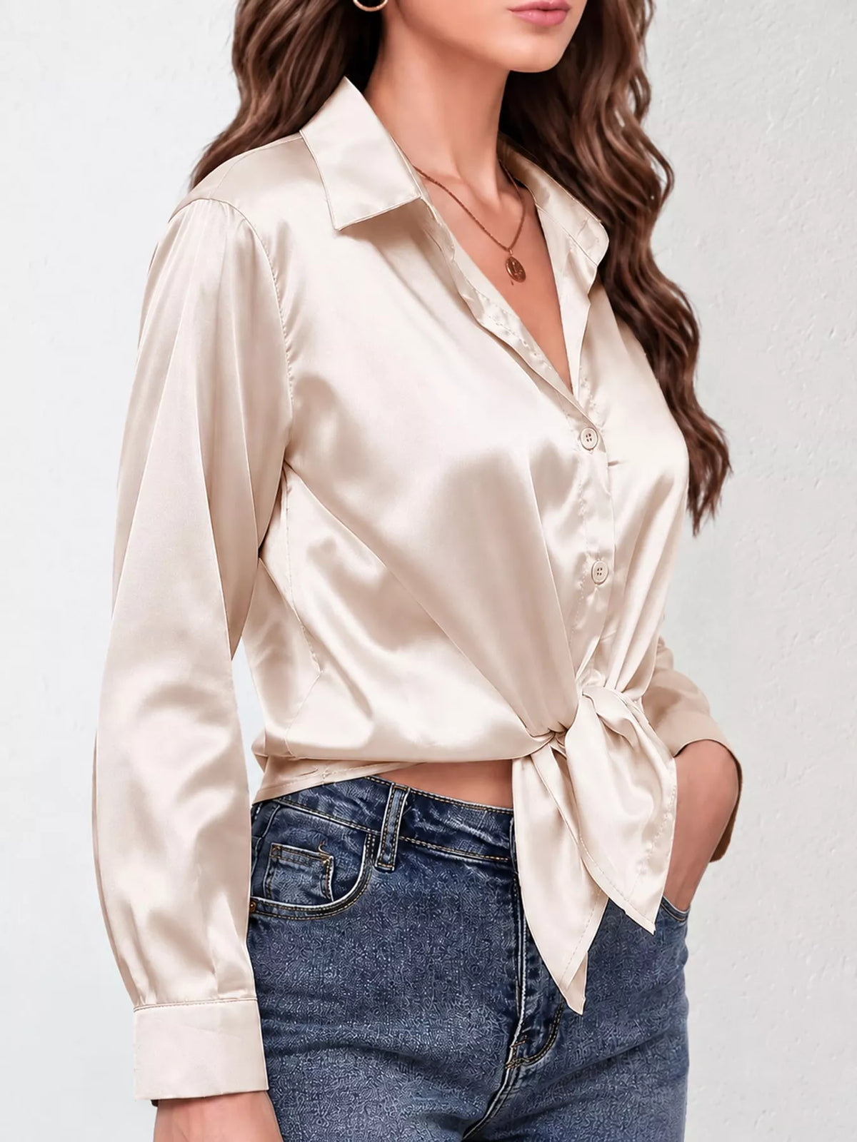 Off-White satin button-down long sleeve shirt